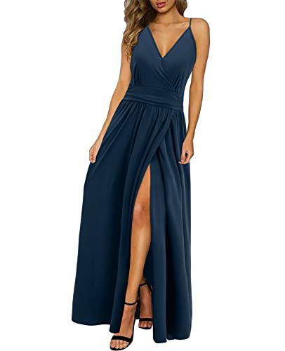 Newshows Sommerkleid Damen Lang Maxikleid Sommer V Ausschnitt Kleid Schlitz Freizeitkleid Elegant für Hochzeitsgast (Marine,Groß) von Newshows