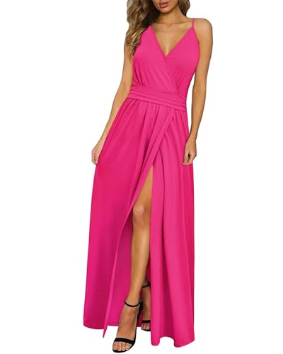 Newshows Sommerkleid Damen Lang Maxikleid Sommer V Ausschnitt Kleid Schlitz Freizeitkleid Elegant für Hochzeitsgast (Rosa, Mittel) von Newshows