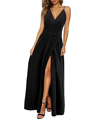 Newshows Sommerkleid Damen Lang Maxikleid Sommer V Ausschnitt Kleid Schlitz Freizeitkleid Elegant für Hochzeitsgast (Schwarz,Groß) von Newshows