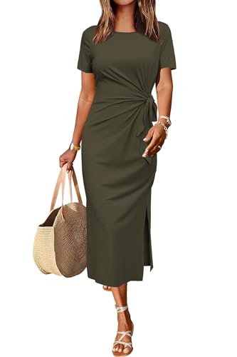 Newshows Sommerkleid Damen Lang Maxikleider Kurzarm Freizeitkleid Elegant T Shirt Sommer Kleid mit Schlitz Armeegrün,S von Newshows