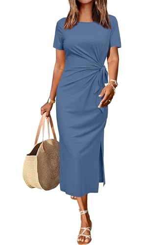 Newshows Sommerkleid Damen Lang Maxikleider Kurzarm Freizeitkleid Elegant T Shirt Sommer Kleid mit Schlitz Blau,S von Newshows