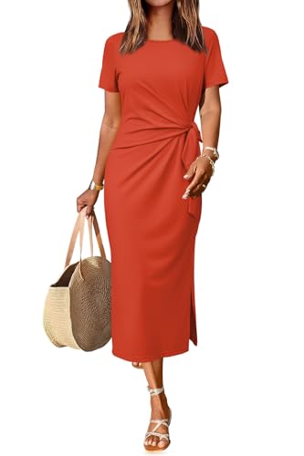 Newshows Sommerkleid Damen Lang Maxikleider Kurzarm Freizeitkleid Elegant T Shirt Sommer Kleid mit Schlitz Orange,XL von Newshows