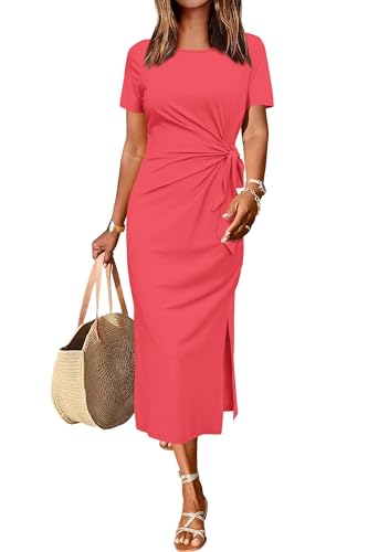 Newshows Sommerkleid Damen Lang Maxikleider Kurzarm Freizeitkleid Elegant T Shirt Sommer Kleid mit Schlitz Orangerot,S von Newshows