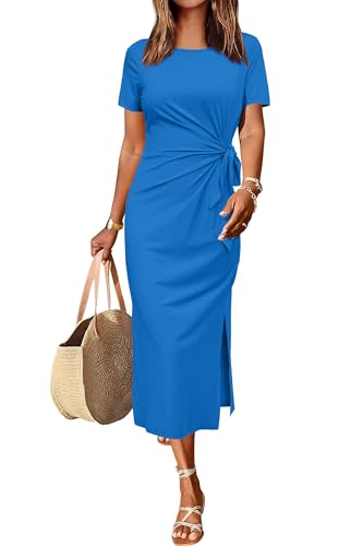 Newshows Sommerkleid Damen Lang Maxikleider Kurzarm Freizeitkleid Elegant T Shirt Sommer Kleid mit Schlitz Seeblau,S von Newshows