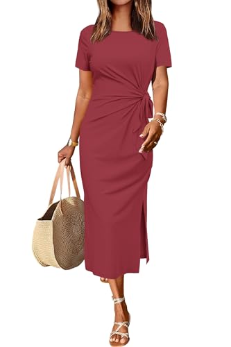 Newshows Sommerkleid Damen Lang Maxikleider Kurzarm Freizeitkleid Elegant T Shirt Sommer Kleid mit Schlitz Weinrot,L von Newshows