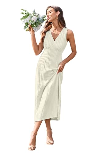 Newshows Sommerkleid Damen Lang V Ausschnitt Elegant Sommer Kleid Hochzeitskleid Maxikleid Abendkleid(Beige, X-L) von Newshows