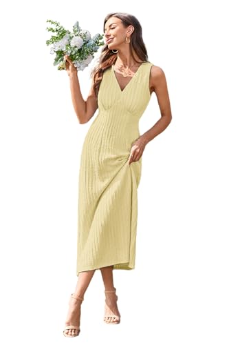 Newshows Sommerkleid Damen Lang V Ausschnitt Elegant Sommer Kleid Hochzeitskleid Maxikleid Abendkleid(Gelb, L) von Newshows
