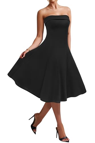 Newshows Sommerkleid Damen Trägerlos Bandeau Kleid Elegant Midikleid Partykleid Cocktailkleid(Schwarz,XXL) von Newshows