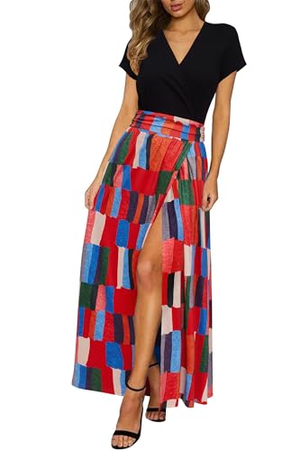 Newshows Sommerkleid Damen lang Maxikleid Sommer Kurzarm V Ausschnitt Strand Kleider Geometric Color Blocks,XXL von Newshows