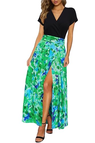 Newshows Sommerkleid Damen lang Maxikleid Sommer Kurzarm V Ausschnitt Strand Kleider Green Blue Abstract Flowers,XL von Newshows