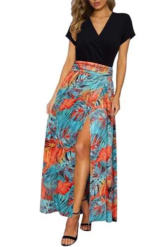 Newshows Sommerkleid Damen lang Maxikleid Sommer Kurzarm V Ausschnitt Strand Kleider Orange Blue Tropical Leaf,XXL von Newshows