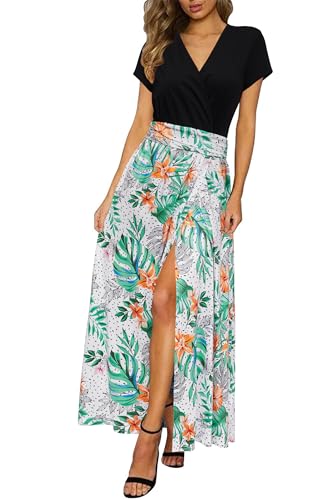 Newshows Sommerkleid Damen lang Maxikleid Sommer Kurzarm V Ausschnitt Strand Kleider White Tropical Flower,S von Newshows