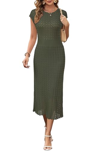 Newshows Sommerkleider Damen Hohlstrick Freizeit Arbeit Kleid Business Elegantes Midikleid Armeegrün,S von Newshows