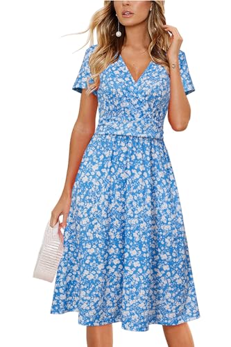 Newshows Sommerkleider Damen V-Ausschnitt Knielang Sommer Kleid Wickelkleid Freizeitkleider mit Taschen(Blau Apricot Floral,XXL) von Newshows