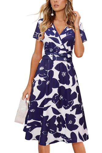 Newshows Sommerkleider Damen V-Ausschnitt Knielang Sommer Kleid Wickelkleid Freizeitkleider mit Taschen(Blaue Blumen,M) von Newshows