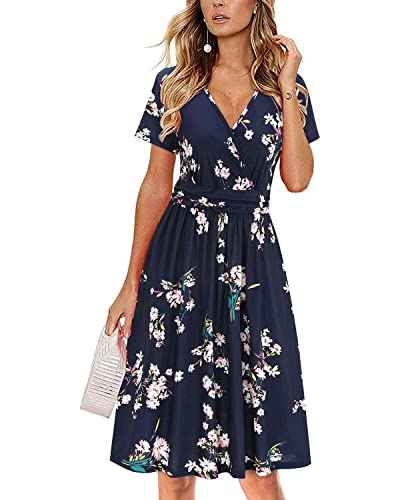 Newshows Sommerkleider Damen V-Ausschnitt Knielang Sommer Kleid Wickelkleid Freizeitkleider mit Taschen(Floral 13,L) von Newshows