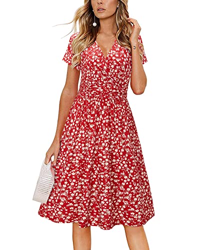 Newshows Sommerkleider Damen V-Ausschnitt Knielang Sommer Kleid Wickelkleid Freizeitkleider mit Taschen(Floral 30,XXL) von Newshows