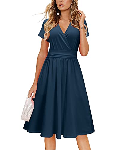 Newshows Sommerkleider Damen V-Ausschnitt Knielang Sommer Kleid Wickelkleid Freizeitkleider mit Taschen(Marineblau,M) von Newshows