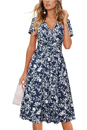 Newshows Sommerkleider Damen V-Ausschnitt Knielang Sommer Kleid Wickelkleid Freizeitkleider mit Taschen(Marineblau Floral,S) von Newshows