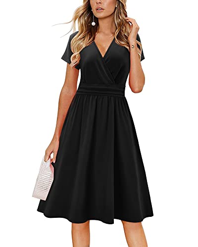Newshows Sommerkleider Damen V-Ausschnitt Knielang Sommer Kleid Wickelkleid Freizeitkleider mit Taschen(Schwarz,XXL) von Newshows