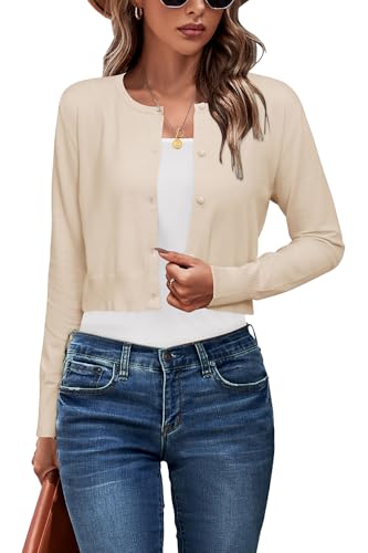 Newshows Strickjacke Damen Kurz Langarm Leichte Bolero mit Knöpfen Festlich Elegant Sommer Cardigan(Helles Apricot,XL) von Newshows