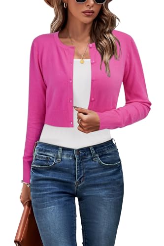 Newshows Strickjacke Damen Kurz Langarm Leichte Bolero mit Knöpfen Festlich Elegant Sommer Cardigan(Rosenrot,S) von Newshows