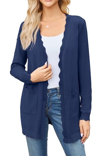 Newshows Strickjacke Damen Leicht Lang V-Ausschnitt Gestrickt Elegante Langarm Cardigan mit Taschen Marineblau,XXL von Newshows