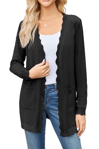 Newshows Strickjacke Damen Leicht Lang V-Ausschnitt Offene Front Elegante Langarm Cardigan mit Taschen Schwarz,XXL von Newshows