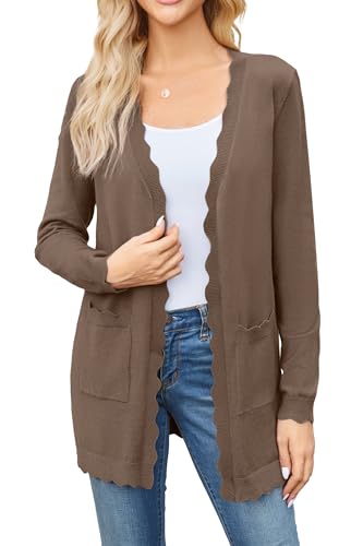 Newshows Strickjacke Damen Leicht Lang V-Ausschnitt Offene Front Gestrickt Elegante Langarm Cardigan mit Taschen Braun,L von Newshows