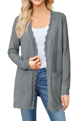 Newshows Strickjacke Damen Leicht Lang V-Ausschnitt Offene Front Gestrickt Elegante Langarm Cardigan mit Taschen Grau,S von Newshows