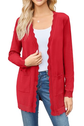 Newshows Strickjacke Damen Leicht Lang V-Ausschnitt Offene Front Gestrickt Elegante Langarm Cardigan mit Taschen Rot,L von Newshows