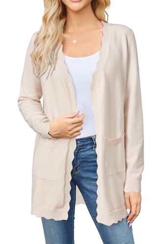 Newshows Strickjacke Damen Leicht Lang V-Ausschnitt Offene Front Herbst Elegante Langarm Cardigan mit Taschen Beige,S von Newshows