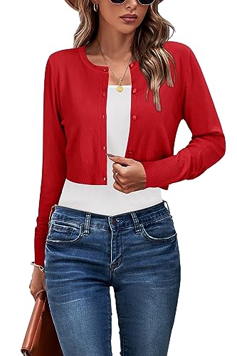 Newshows Strickjacke Damen Kurz Langarm Leichte Bolero mit Knöpfen Festlich Elegant Sommer Cardigan(Rot,S) von Newshows