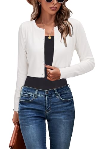 Newshows Strickjacke Damen Kurz Langarm Leichte Weiß Bolero mit Knöpfen Festlich Elegant Sommer Cardigan(XXL) von Newshows