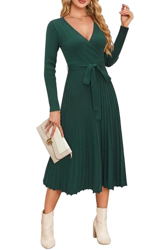 Newshows Strickkleid Damen Winter Herbst Langarm V-Ausschnitt Winterkleid A-Linie Elegantes Pulloverkleid von Newshows