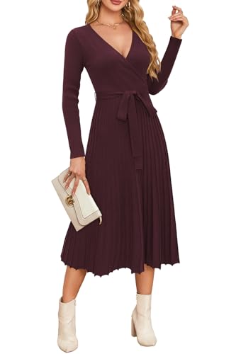 Newshows Strickkleid Damen Winter Herbst Langarm V-Ausschnitt Winterkleid A-Linie Elegantes Pulloverkleid von Newshows
