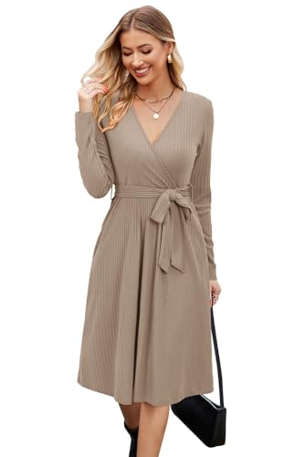 Newshows Strickkleid Damen Herbstkleid Pulloverkleid Winterkleid Langarm Elegant Kleid für Herbst Winter Helles Khaki von Newshows