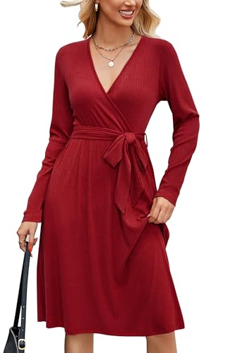 Newshows Strickkleid Damen Herbstkleid Pulloverkleid Winterkleid Langarm Elegant Kleid für Herbst Winter Rot von Newshows