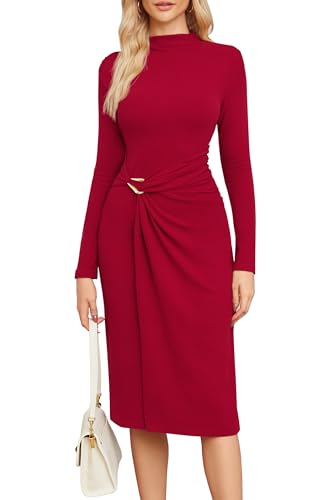 Newshows Strickkleid Damen Langarm Herbstkleid Winterkleid Lang Elegant Rollkragen Herbst Winter Hochzeit Kleid Rot,L von Newshows