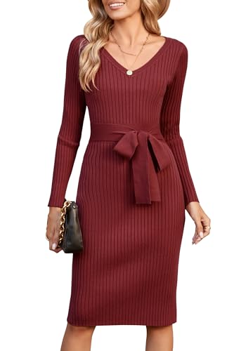 Newshows Strickkleid Damen Rot Winterkleid Knielang Pulloverkleid Damen Langarm Kleid Winter von Newshows