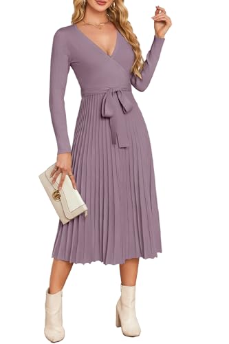 Newshows Strickkleid Damen Winter Herbst Langarm V-Ausschnitt Winterkleid A-Linie Elegantes Pulloverkleid von Newshows