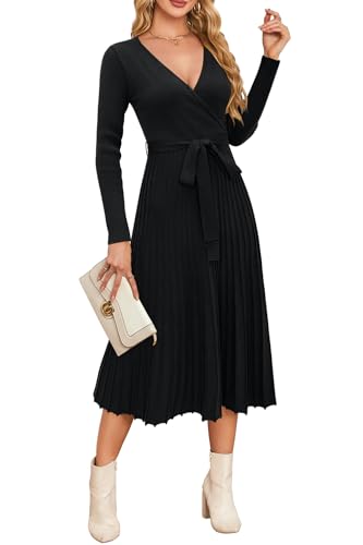 Newshows Strickkleid Damen Winter Herbst Langarm V-Ausschnitt Winterkleid A-Linie Elegantes Pulloverkleid von Newshows