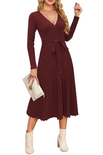 Newshows Strickkleid Damen Winter Herbst Langarm V-Ausschnitt Winterkleid A-Linie Elegantes Pulloverkleid von Newshows