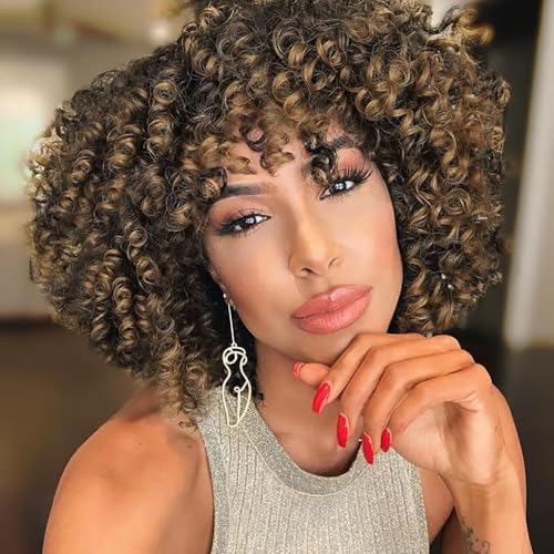 Afro Curly Perücke mit Bangs Kurze Kinky Curly Perücke für schwarze Frauen Synthetische natürlich aussehende Premium Afro Kinky Curly Perücken 180% Dichte (#1B/27) von Newsuyuan