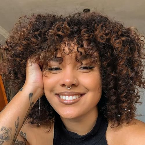 Afro Curly Perücke mit Bangs Kurze Kinky Curly Perücke für schwarze Frauen Synthetische natürlich aussehende Premium Afro Kinky Curly Perücken 180% Dichte (#1B/30) von Newsuyuan