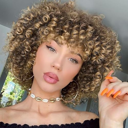 Afro Curly Perücke mit Bangs Kurze Kinky Curly Perücke für schwarze Frauen Synthetische natürlich aussehende Premium Afro Kinky Curly Perücken 180% Dichte (#33A/27) von Newsuyuan