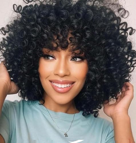 Afro Curly Perücke mit Bangs Kurze Kinky Curly Perücke für schwarze Frauen Synthetische natürlich aussehende Premium Afro Kinky Curly Perücken 180% Dichte (Natürlich Schwarz) von Newsuyuan