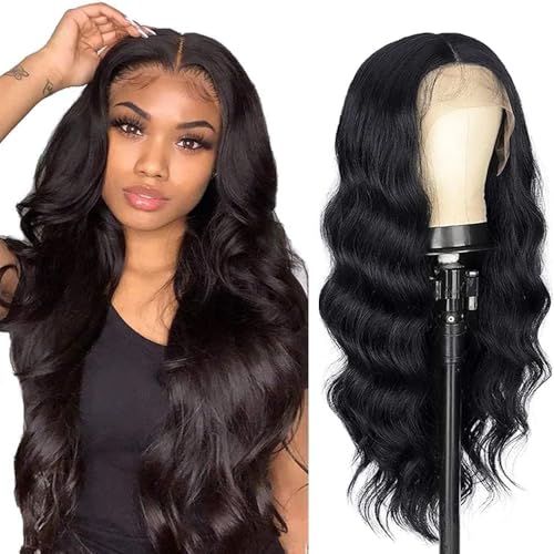 Body Wave Spitze Vorderseite Perücke Lange Wellen Haar Synthetische Perücke für Frauen schwarz 13x4 Spitze Vorderseite Perücke Naturfarbe Hitzebeständig 150% Dichte (22 Zoll) von Newsuyuan