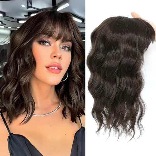 Haare Oben, 16 Zoll Haar Toppers für Frauen mit Dünnem Haar, 360 ° 3D Realistische Haarstücke für Frauen Wellenform-Curly Clip Synthetische Lockige Welle (Dunkelbraun) von Newsuyuan