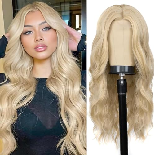 Lange Blonde Perücke, gewellt, mittlerer Teil aus Spitze für Frauen, 66 cm, gelockt, gewellt, Kunsthaar, Perücke aus hitzebeständiger Faser, für den täglichen Gebrauch von Newsuyuan